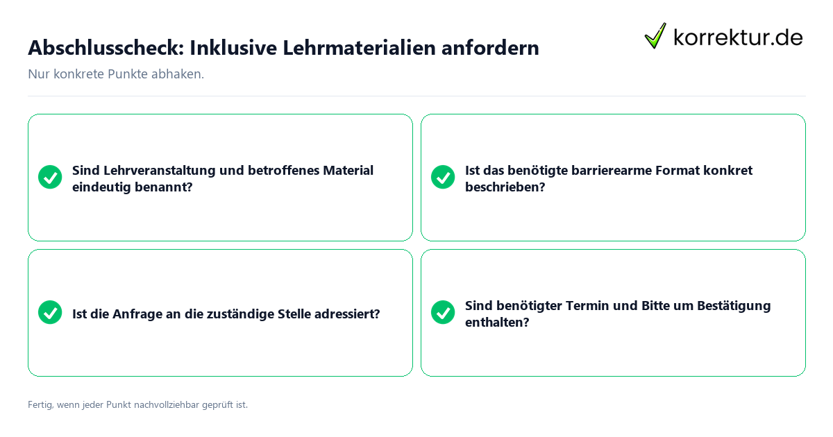 Konkreter Abschlusscheck zu Inklusive Lehrmaterialien anfordern