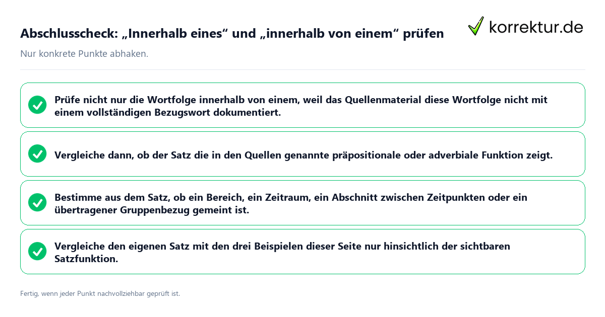 Abschlusscheck: „Innerhalb eines“ und „innerhalb von einem“ prüfen Konkreter Abschlusscheck zu „Innerhalb eines“ und „innerhalb von einem“ prüfen