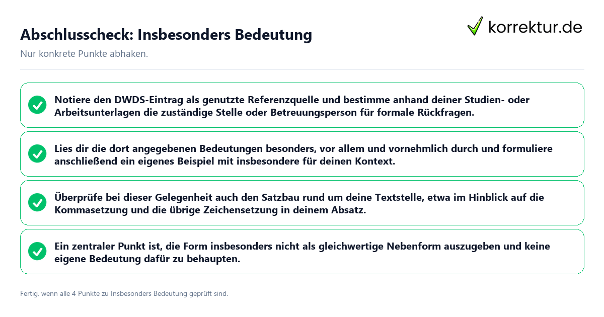 Konkreter Abschlusscheck zu Insbesonders Bedeutung