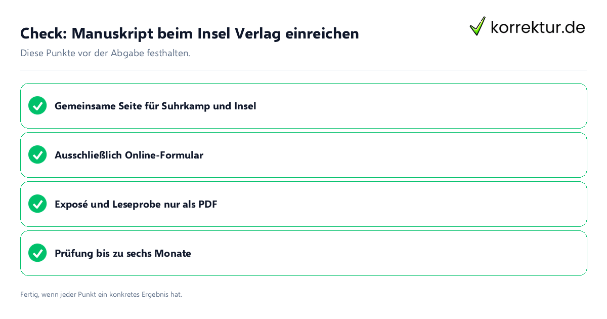 Check: Manuskript beim Insel Verlag einreichen Manuskript beim Insel Verlag einreichen: Prüfliste mit vier Punkten