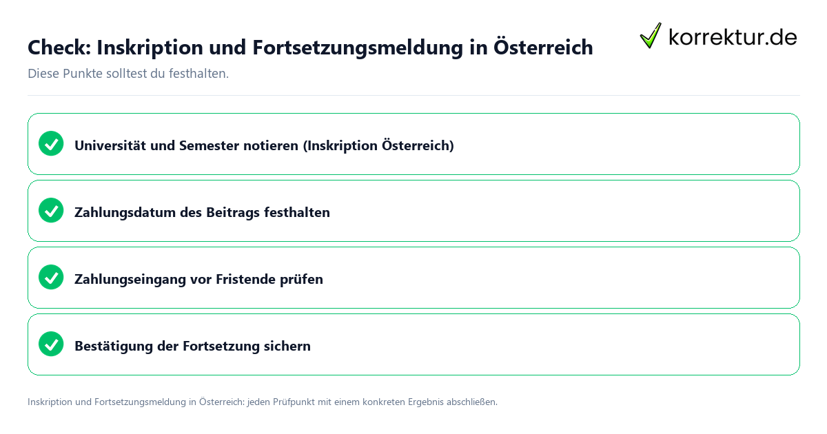 Inskription und Fortsetzungsmeldung in Österreich mit einer themenspezifischen Checkliste