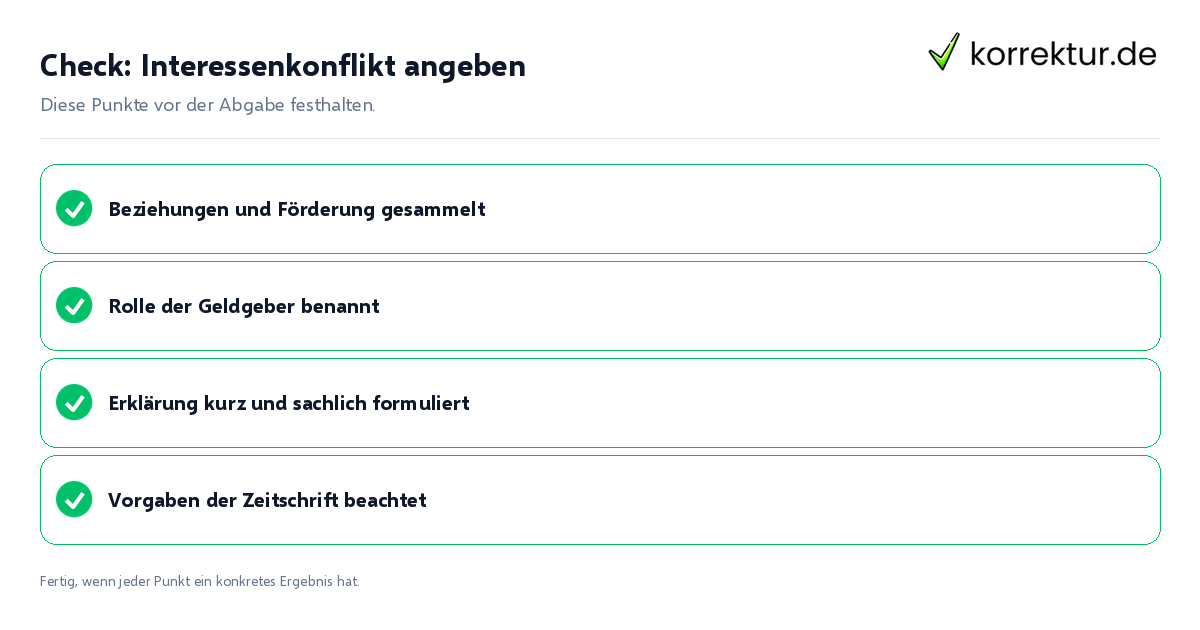 Check: Interessenkonflikt angeben Interessenkonflikt angeben: Prüfliste mit vier Punkten