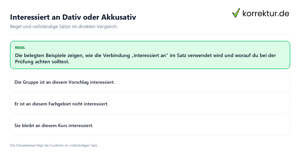 Konkrete Regel und vollständige Beispielsätze zu Interessiert an Dativ oder Akkusativ