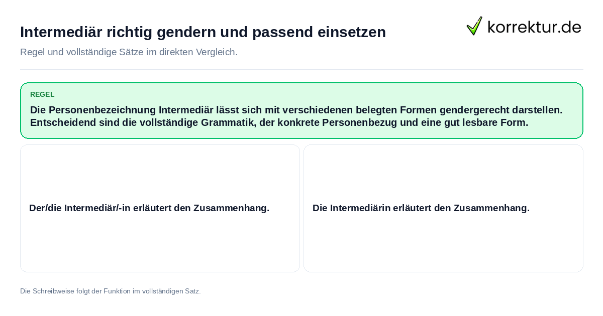 Konkrete Regel und vollständige Beispielsätze zu Intermediär richtig gendern und passend einsetzen