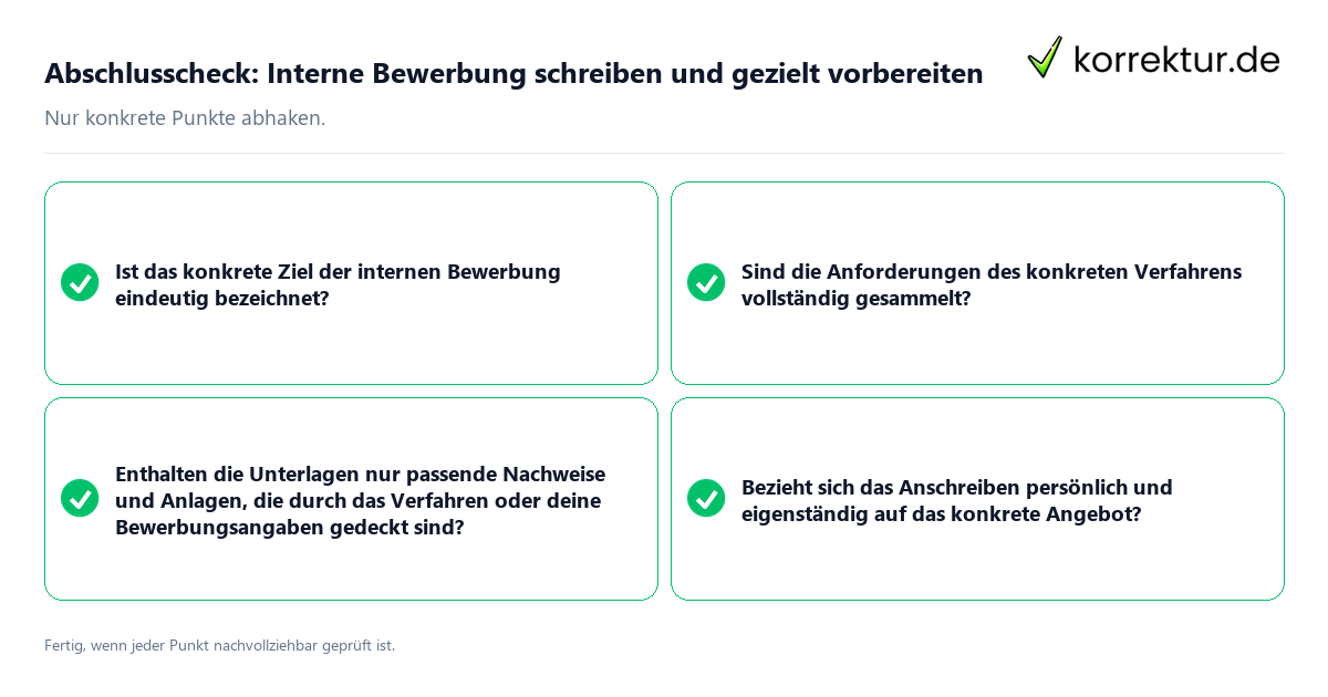 Konkreter Abschlusscheck zu Interne Bewerbung schreiben und gezielt vorbereiten