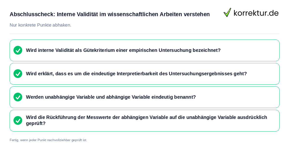 Konkreter Abschlusscheck zu Interne Validität im wissenschaftlichen Arbeiten verstehen