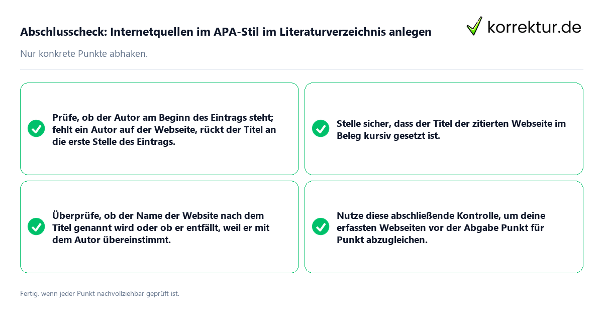 Abschlusscheck: Internetquellen im APA-Stil im Literaturverzeichnis anlegen Konkreter Abschlusscheck zu Internetquellen im APA-Stil im Literaturverzeichnis anlegen
