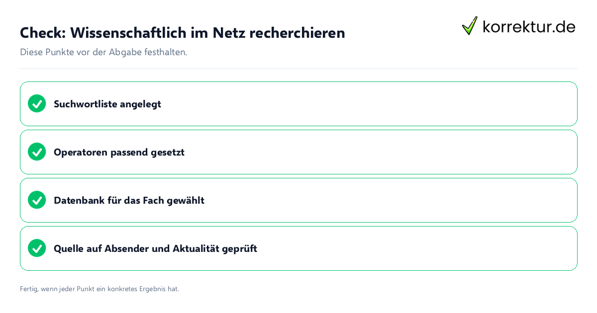 Check: Wissenschaftlich im Netz recherchieren Wissenschaftlich im Netz recherchieren: Prüfliste mit vier Punkten