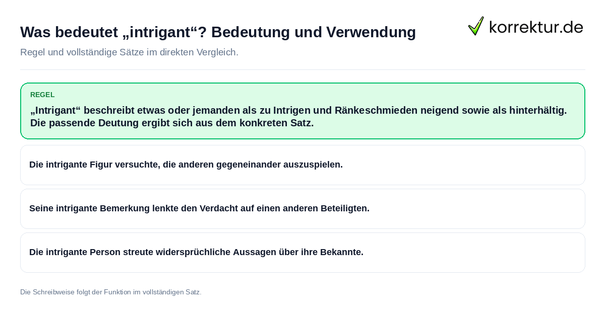 Was bedeutet „intrigant“? Bedeutung und Verwendung Konkrete Regel und vollständige Beispielsätze zu Was bedeutet „intrigant“? Bedeutung und Verwendung
