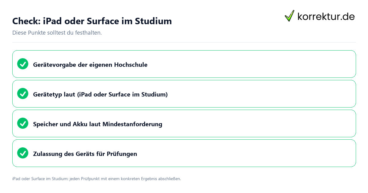 IPad oder Surface im Studium mit einer themenspezifischen Checkliste