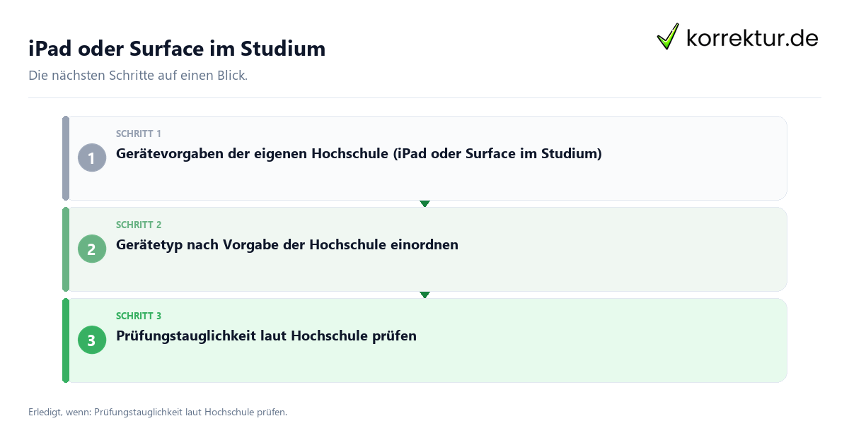 IPad oder Surface im Studium mit einem Ablauf aus Prüfung, Kontakt und Dokumentation