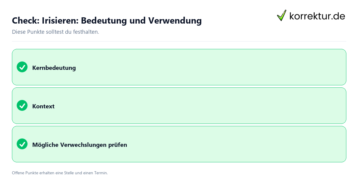 Check: Irisieren: Bedeutung und Verwendung Irisieren: Bedeutung und Verwendung mit Checkliste für Unterlagen und nächste Schritte