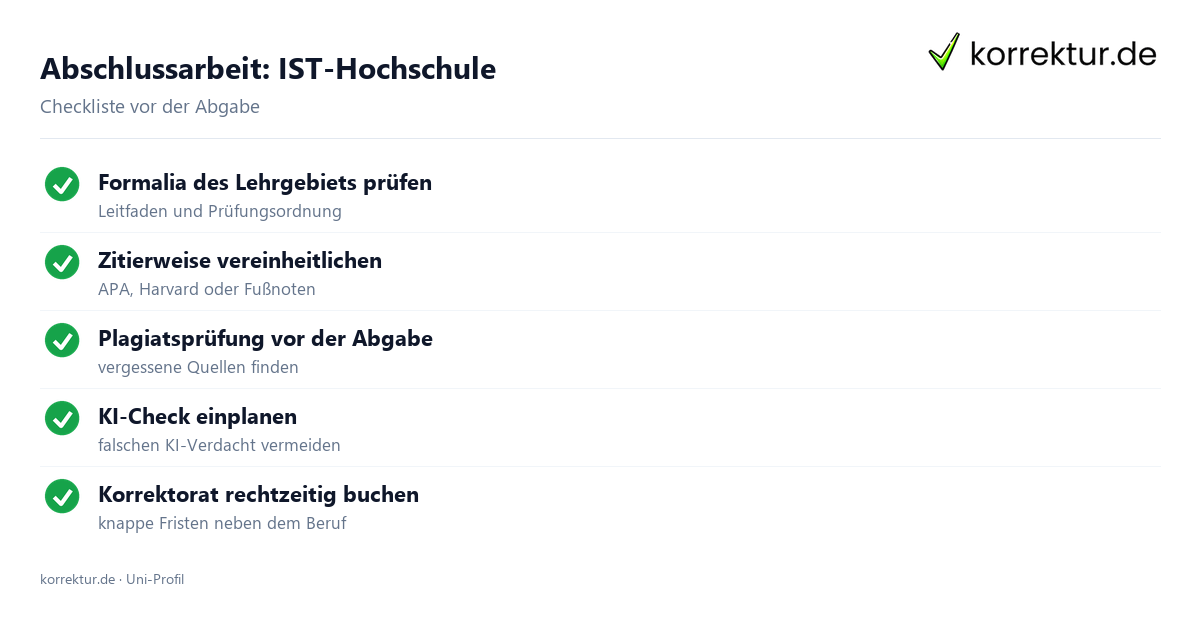 Abschlussarbeit IST-Hochschule – Checkliste für die Abgabe Abschlussarbeit an der IST-Hochschule: Formalia, Zitierweise und Plagiatsprüfung im Fernstudium