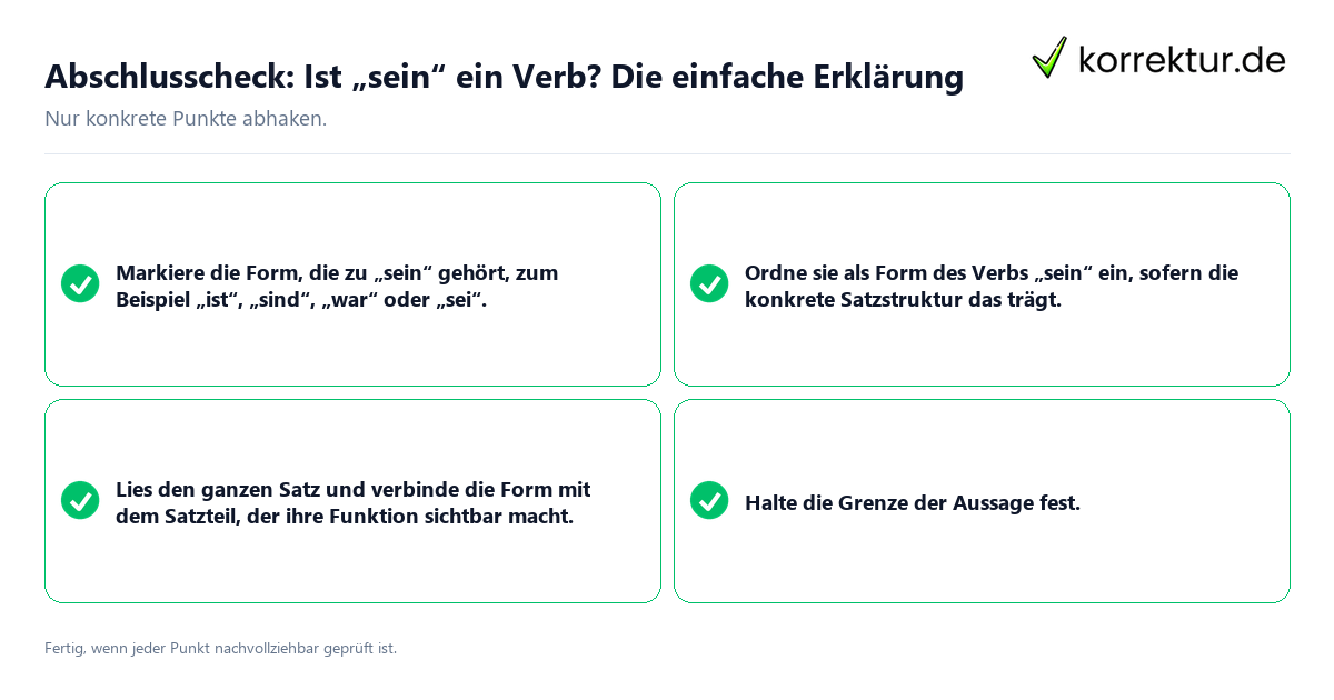 Abschlusscheck: Ist „sein“ ein Verb? Die einfache Erklärung Konkreter Abschlusscheck zu Ist „sein“ ein Verb? Die einfache Erklärung