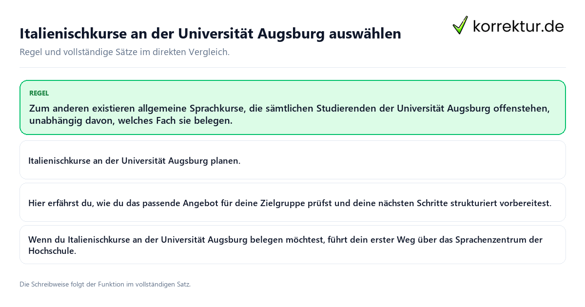 Italienischkurse an der Universität Augsburg auswählen Konkrete Regel und vollständige Beispielsätze zu Italienischkurse an der Universität Augsburg