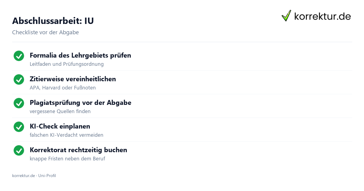 Abschlussarbeit an der IU: Checkliste für Formalia, PlagAware und Abgabe