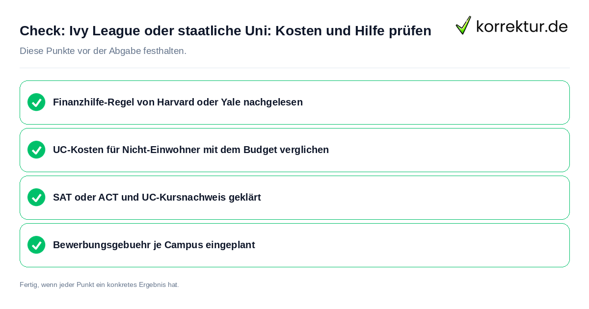 Ivy League oder staatliche Uni: Kosten und Hilfe prüfen: Prüfliste mit vier Punkten