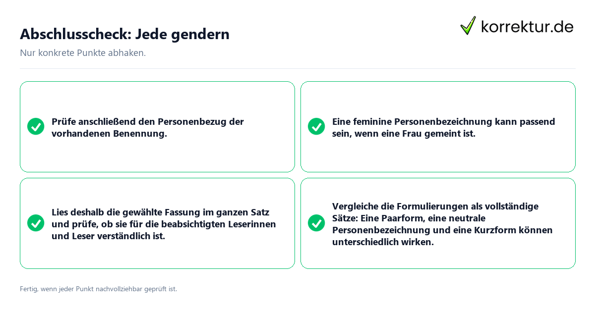 Konkreter Abschlusscheck zu Jede gendern