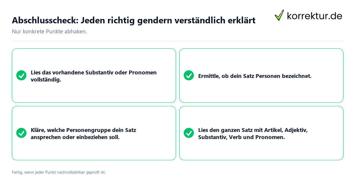 Konkreter Abschlusscheck zu Jeden richtig gendern verständlich erklärt