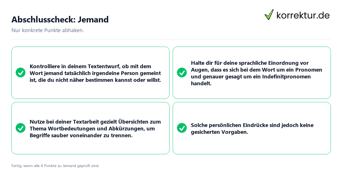 Konkreter Abschlusscheck zu Jemand