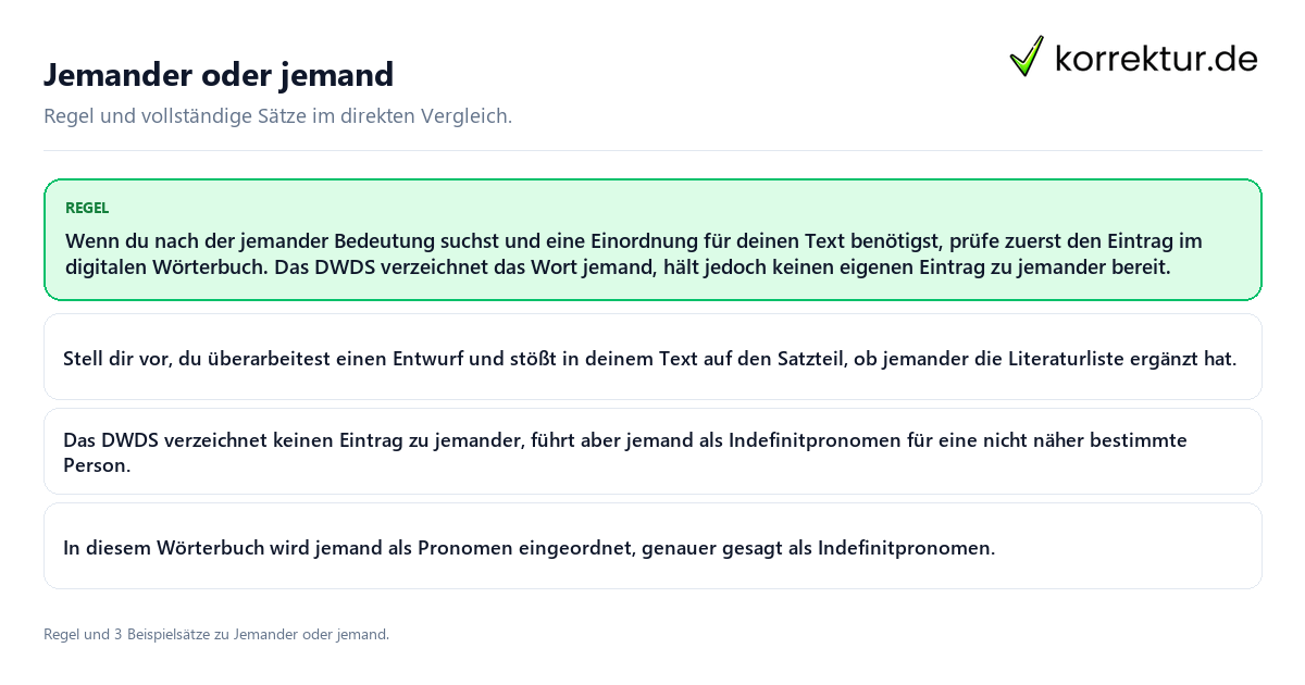 Jemander oder jemand Konkrete Regel und vollständige Beispielsätze zu Jemander oder jemand