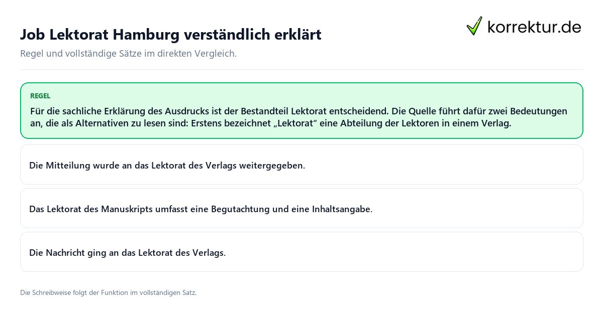 Konkrete Regel und vollständige Beispielsätze zu Job Lektorat Hamburg verständlich erklärt