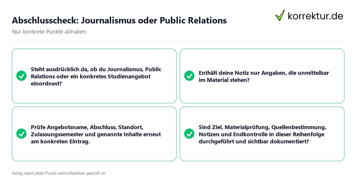 Konkreter Abschlusscheck zu Journalismus oder Public Relations