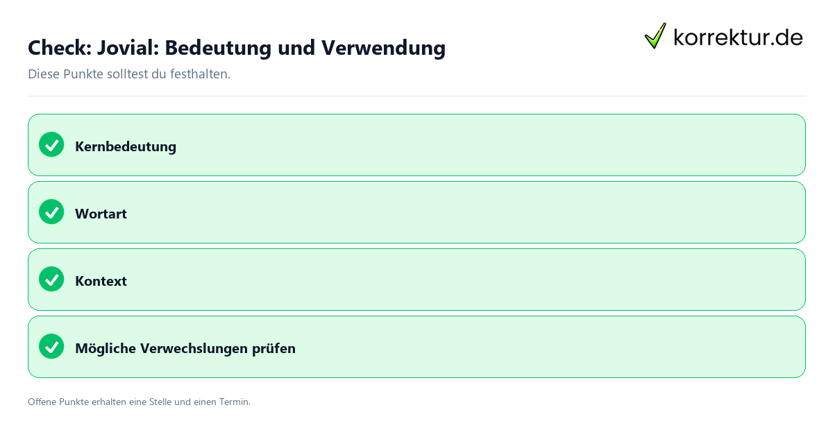 Jovial: Bedeutung und Verwendung mit Checkliste für Unterlagen und nächste Schritte