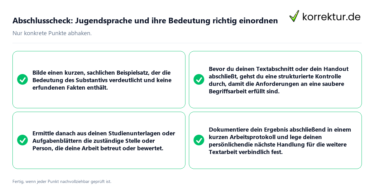 Konkreter Abschlusscheck zu Jugendsprache und ihre Bedeutung richtig einordnen
