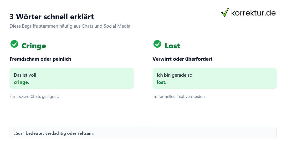 3 Wörter schnell erklärt Jugendsprache Wörter Liste mit Beispielen für Cringe, Lost und Sus