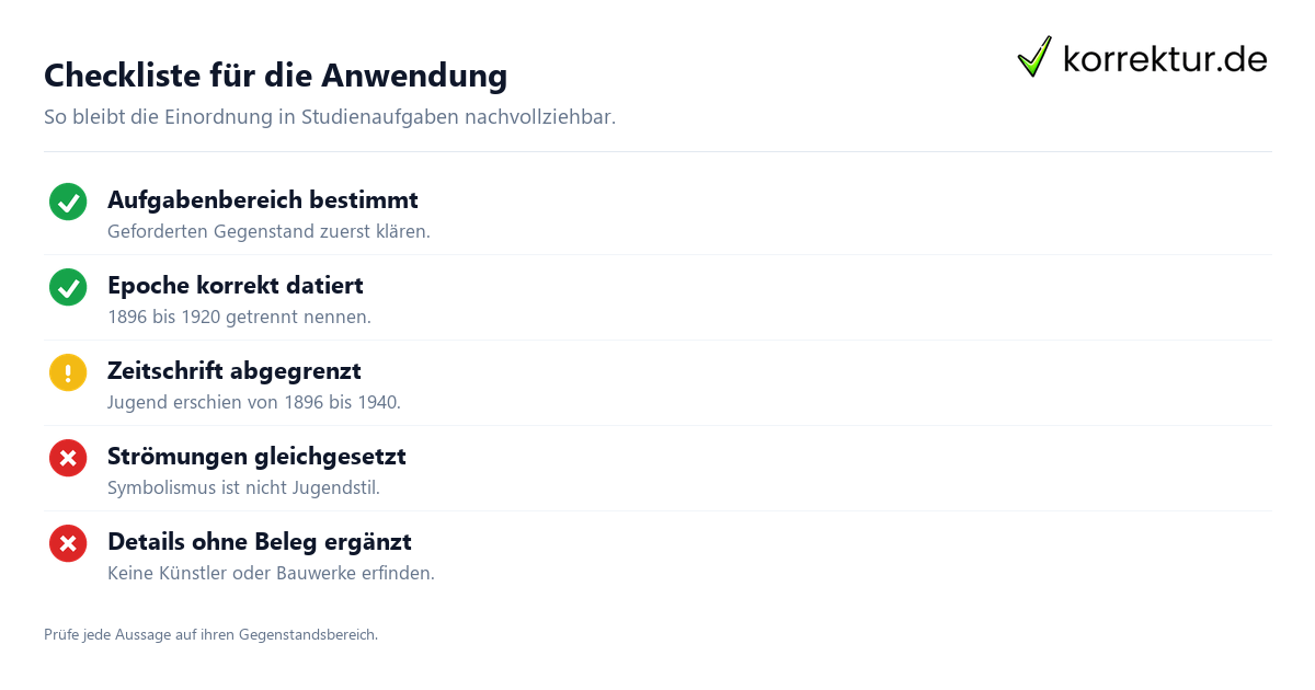 Checkliste für die Anwendung Jugendstil verständlich einordnen und anwenden, Checkliste für Studienaufgaben