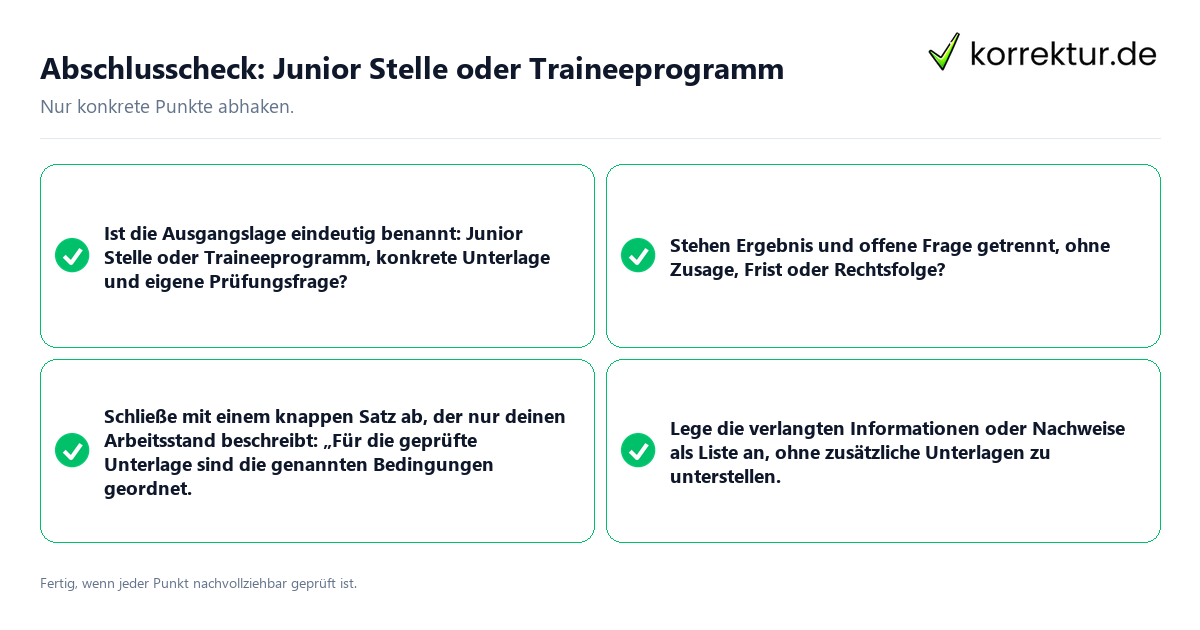 Abschlusscheck: Junior Stelle oder Traineeprogramm Konkreter Abschlusscheck zu Junior Stelle oder Traineeprogramm