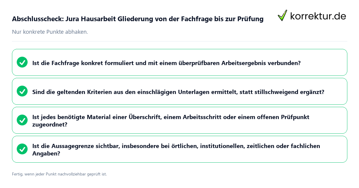 Konkreter Abschlusscheck zu Jura Hausarbeit Gliederung von der Fachfrage bis zur Prüfung