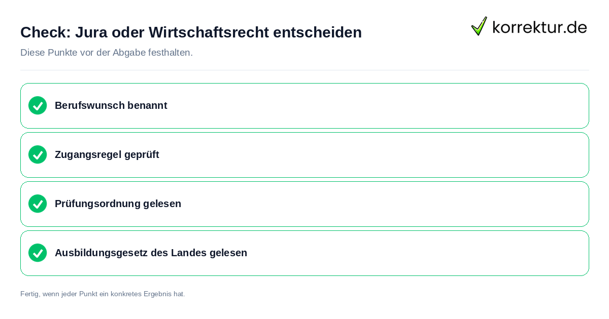 Check: Jura oder Wirtschaftsrecht entscheiden Jura oder Wirtschaftsrecht entscheiden: Prüfliste mit vier Punkten