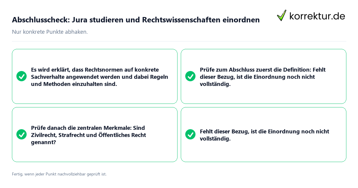Konkreter Abschlusscheck zu Jura studieren und Rechtswissenschaften einordnen