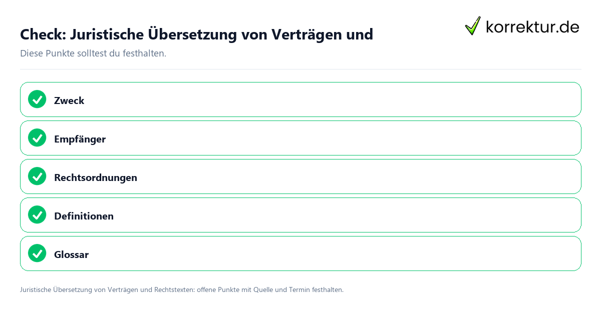 Juristische Übersetzung von Verträgen und Rechtstexten mit Checkliste für Unterlagen und nächste Schritte