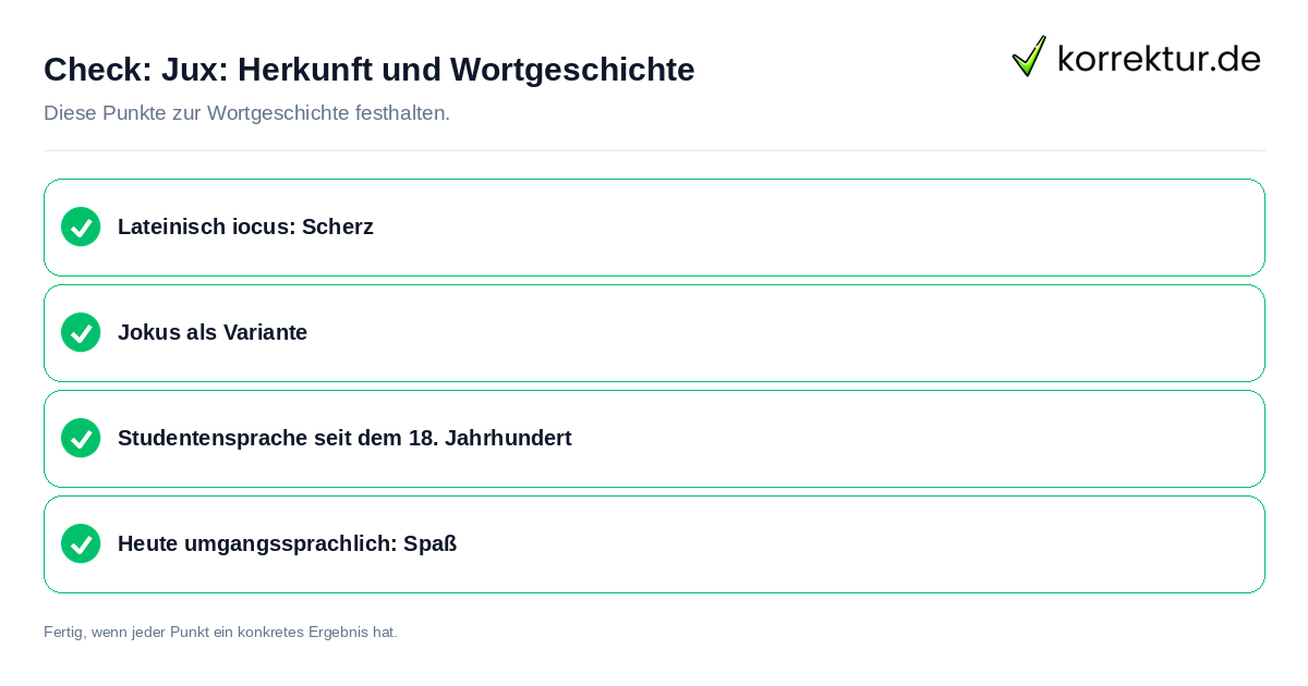 Jux: Herkunft und Wortgeschichte: Prüfliste mit vier Punkten