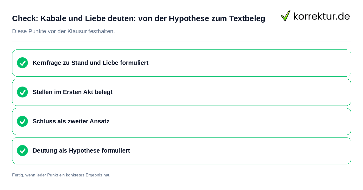 Check: Kabale und Liebe deuten: von der Hypothese zum Textbeleg Kabale und Liebe deuten: von der Hypothese zum Textbeleg: Prüfliste mit vier Punkten