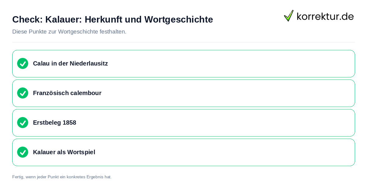 Kalauer: Herkunft und Wortgeschichte: Prüfliste mit vier Punkten