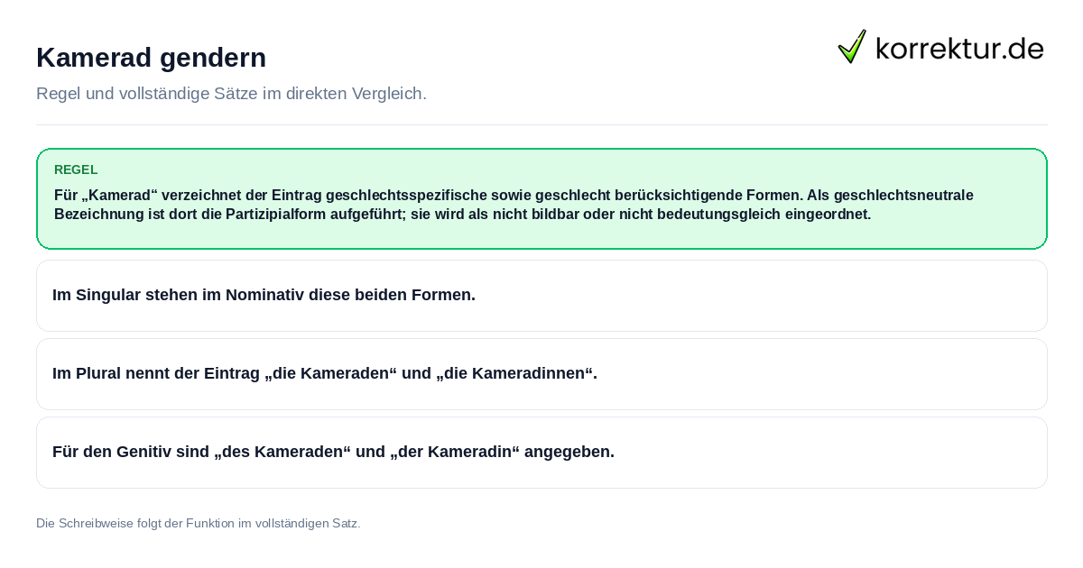 Konkrete Regel und vollständige Beispielsätze zu Kamerad gendern