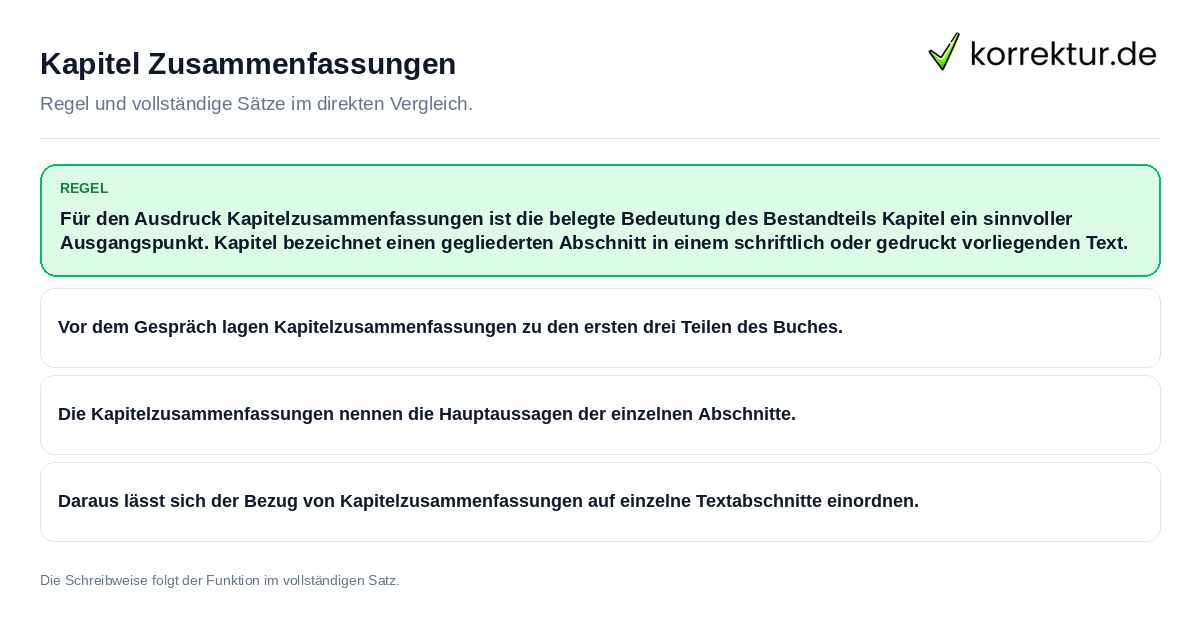 Kapitel Zusammenfassungen Konkrete Regel und vollständige Beispielsätze zu Kapitel Zusammenfassungen