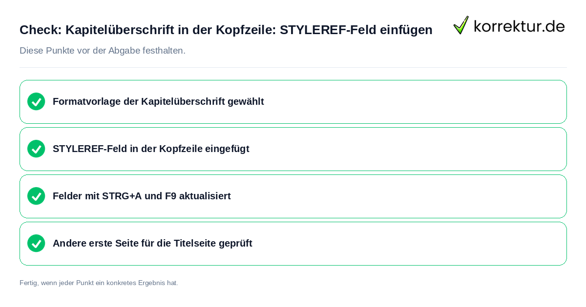 Check: Kapitelüberschrift in der Kopfzeile: STYLEREF-Feld einfügen Kapitelüberschrift in der Kopfzeile: STYLEREF-Feld einfügen: Prüfliste mit vier Punkten