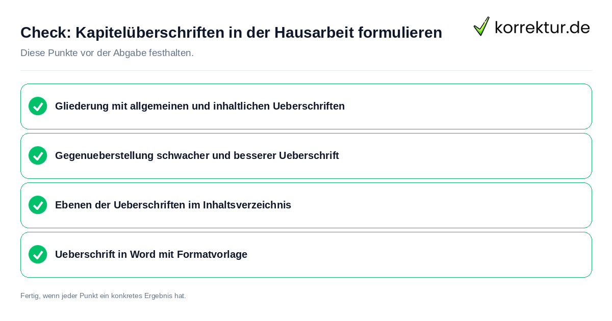 Kapitelüberschriften in der Hausarbeit formulieren: Prüfliste mit vier Punkten