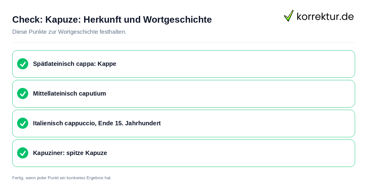 Kapuze: Herkunft und Wortgeschichte: Prüfliste mit vier Punkten