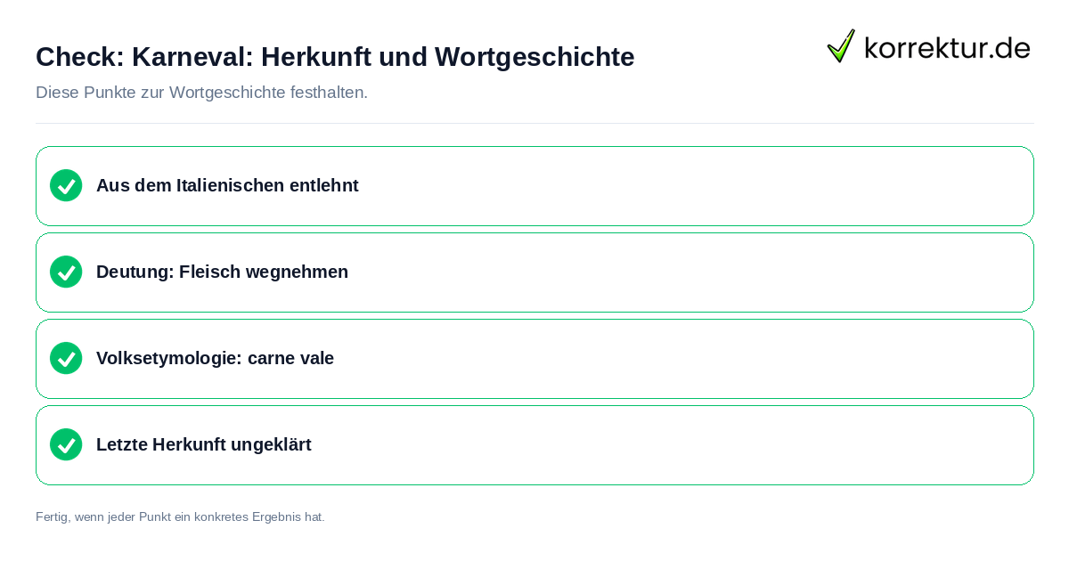 Karneval: Herkunft und Wortgeschichte: Prüfliste mit vier Punkten