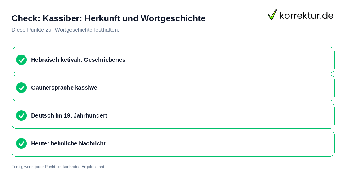 Kassiber: Herkunft und Wortgeschichte: Prüfliste mit vier Punkten