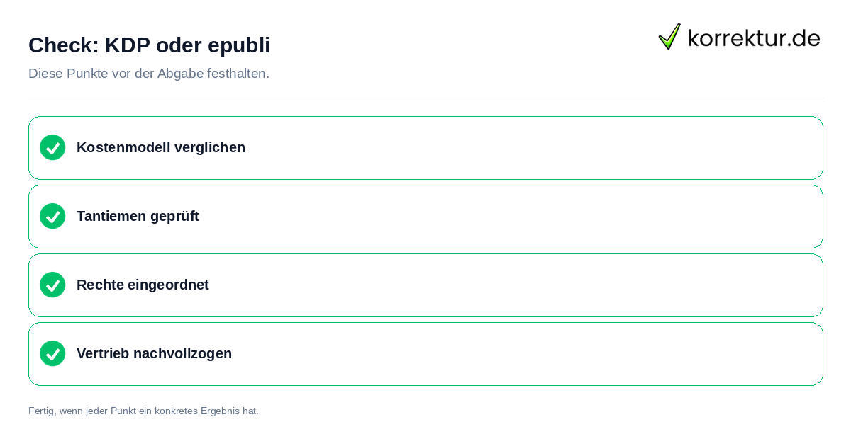 Check: KDP oder epubli KDP oder epubli: Prüfliste mit vier Punkten