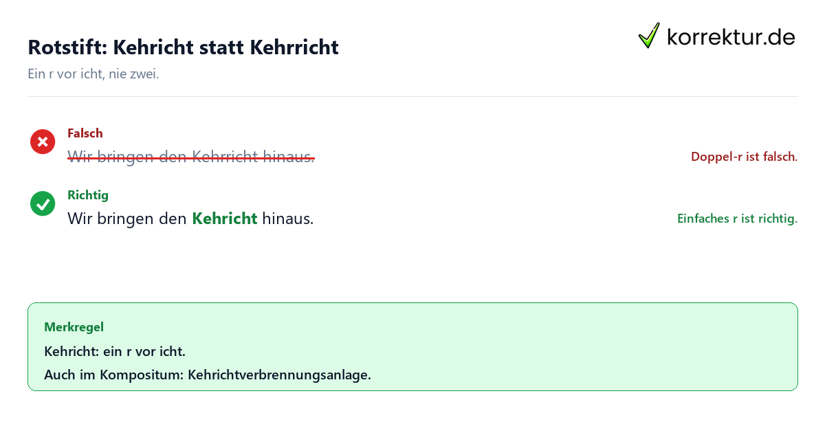 Rotstift: Kehricht statt Kehrricht Kehricht richtig schreiben: Beispielsatz mit Rotstiftkorrektur