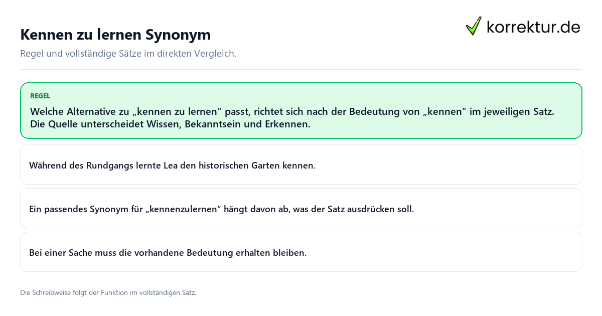 Konkrete Regel und vollständige Beispielsätze zu Kennen zu lernen Synonym