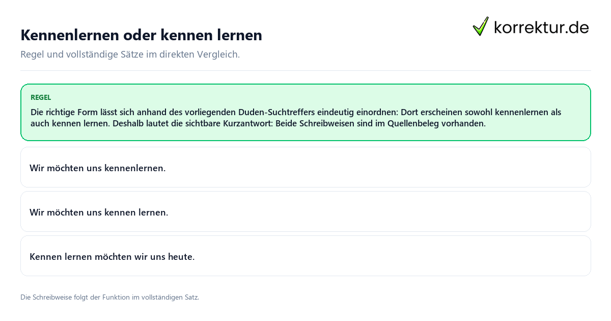 Konkrete Regel und vollständige Beispielsätze zu Kennenlernen oder kennen lernen